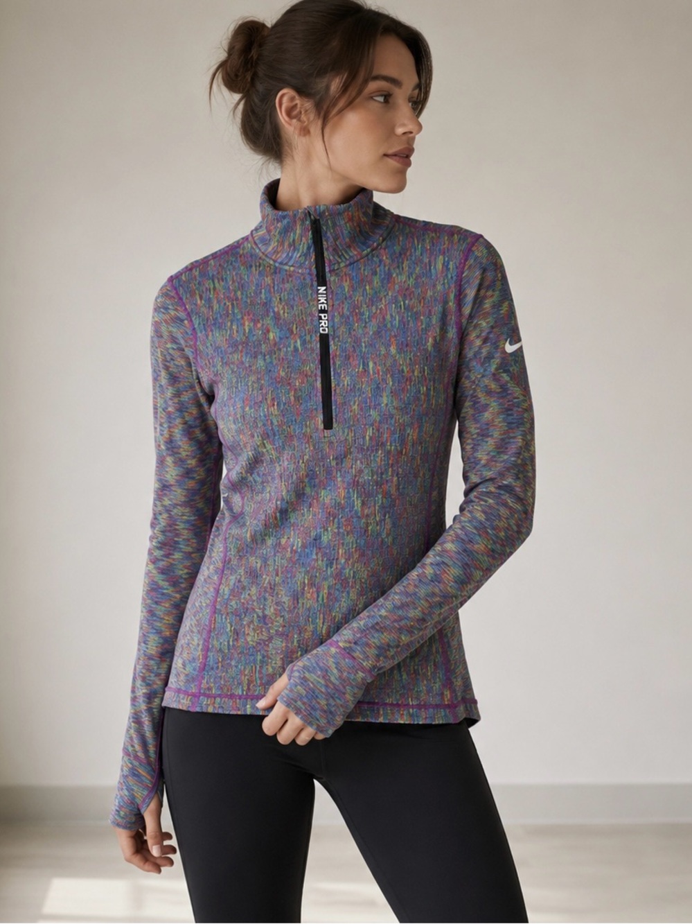 Nike Pro Hyperwarm 1/2 Zip Running Top Medium Thumbholes Multicolor Space Dye